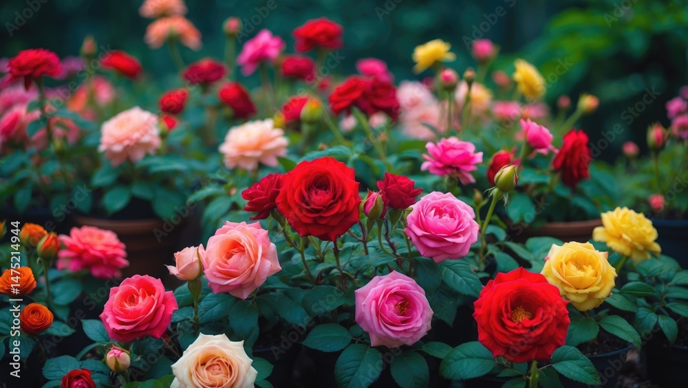 Poster springtime garden scene featuring blooming begonia with colorful petals
