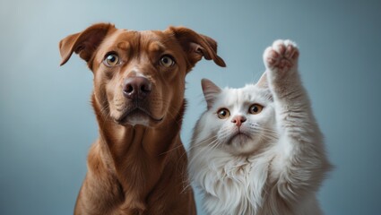 Cheerful puppy and kitten peering upwards. Isolated on blue, providing ample copy space. Can be used for marketing pet food or veterinary services.