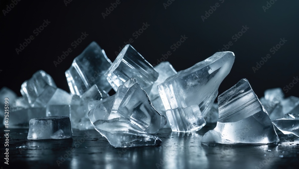 Poster array of different ice cubes on mirrored surface