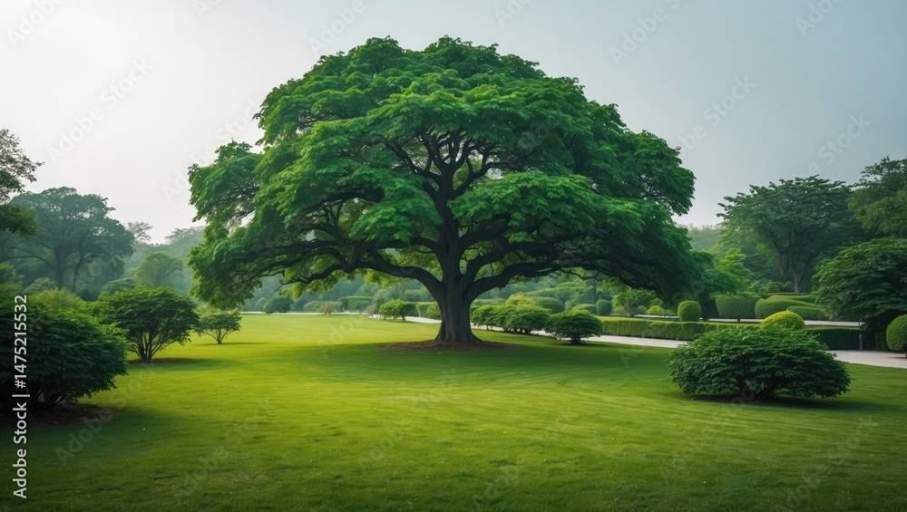 Poster a lone deciduous tree surrounded by greenery on a white background