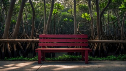Wooden seating along the forest path within a conservation area