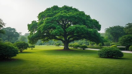 Naklejka premium A lone deciduous tree surrounded by greenery on a white background
