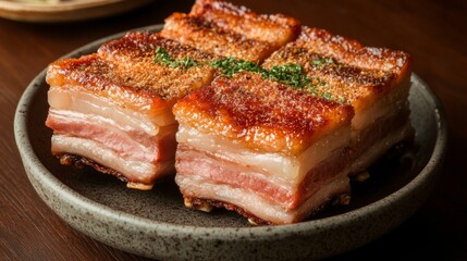 Fried pork belly pieces piled on a ceramic dish, with the golden crispy skin and juicy meat shining under the light, set against a dark wooden table.