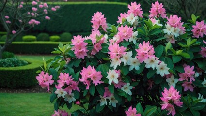 Vivid pink azalea flowers in bloom with vibrant green leaves