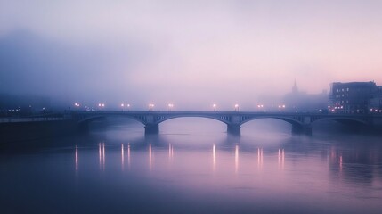 Fototapeta premium City riverbank at dawn, tranquil, foggy, soft light, bridges, reflections, DSLR camera, 85mm lens, dawn, serene photography, soft-focus film.