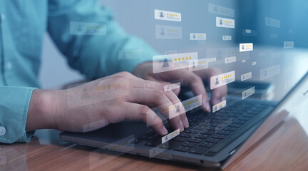 Business hands typing on laptop keyboard with floating feedback form interface — representing online survey, review system, and customer satisfaction rating.