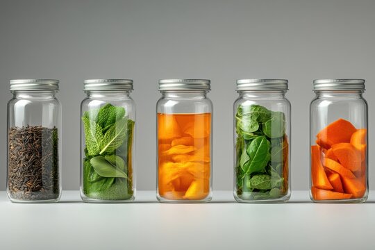 Colorful jars filled with fresh ingredients and herbs for healthy beverages or culinary creations