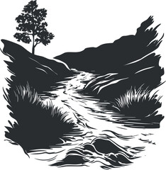 Black and white silhouette of a flowing river or stream with rocks, bushes, and a tree in a natural outdoor landscape