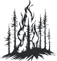 Silhouette illustration of trees engulfed in flames representing a forest fire and environmental danger