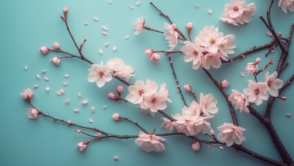Top view of cherry blossom twigs on a spring desktop background with frame