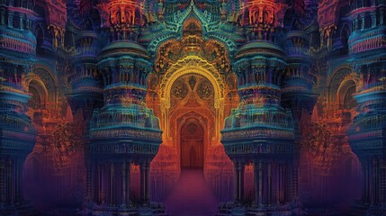 Vibrant fractal architecture, gateway to a mystical realm.