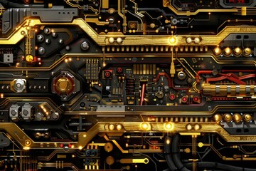 Fototapeta premium A close-up view of a complex, gold-accented electronic circuit board with glowing lights and intricate pathways.