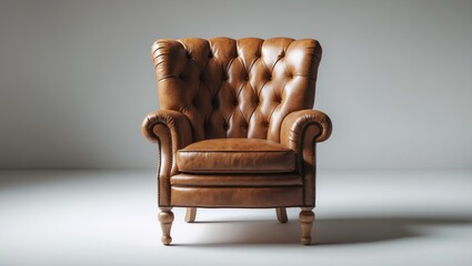 Front-facing vintage brown leather armchair set against a background.