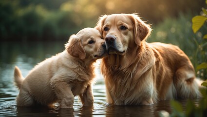 Two Golden Retrievers, one puppy and one older, sharing a loving moment by the water