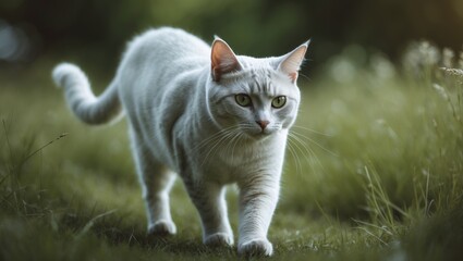 Adorable British shorthair cat with silver shading walking outdoors in summer