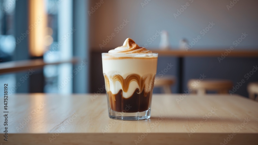 Poster Cold Caramel Macchiato with Foam and Syrup on a Table in a CafÃ©