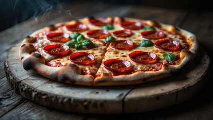 Savory pizza prepared with a wood fire oven