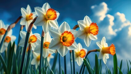 Fototapeta premium Vivid close-up of blooming daffodils with orange centers in a vibrant garden scene, showcasing flora and natural beauty under a clear blue sky.