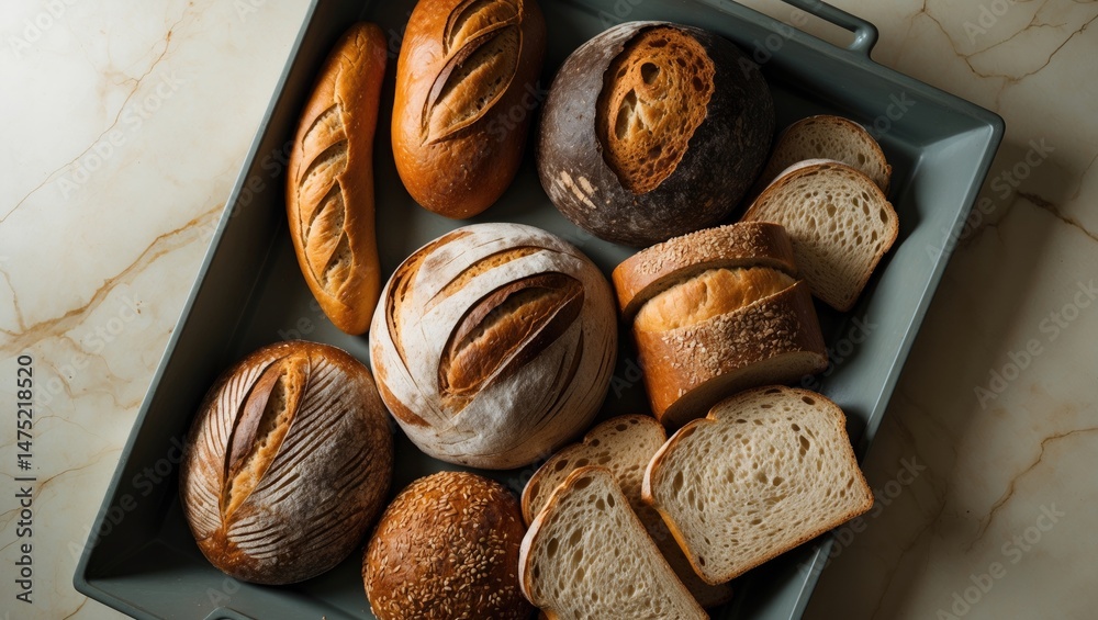 Poster Various types of bread arranged on a marble background from an overhead perspective