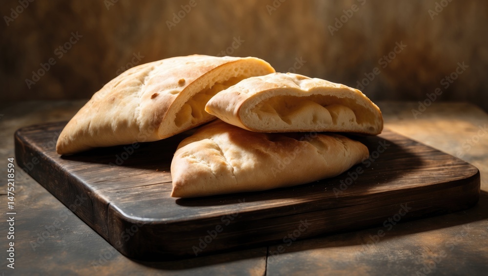 Poster fresh pita bread and flatbreads on a wooden board, with space for custom text