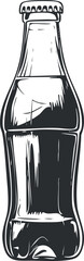 Black and white illustrated drawing of a classic glass bottle filled with a liquid beverage and sealed with a cap.