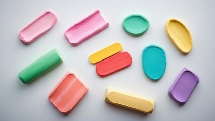 Background with a collection of pastel drawing pencils, top perspective