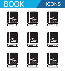 Set of black book icons in various open positions, representing reading, education, and knowledge in a minimalist black and white design.