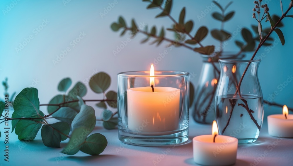 Poster candle and branch arrangement creating a cozy table scene