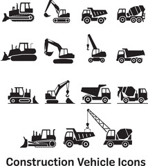 Set of Black and White Construction Vehicle Icons This image showcases a collection of simple, black silhouette icons representing various construction vehicles on white background © FS Creation