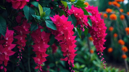 Magnified image of red bougainvillea blossoms in a tropical garden scene