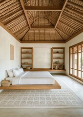 Elegant bedroom with a light-toned wooden ceiling.