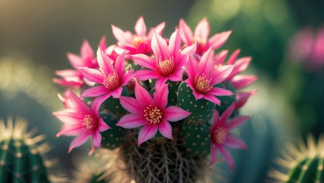 Illuminated pink Zygocactus blossoms.