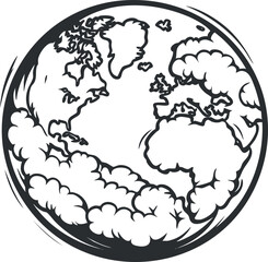 Black and white sketch illustration of the Earth showing continents and cloud patterns from a circular perspective.