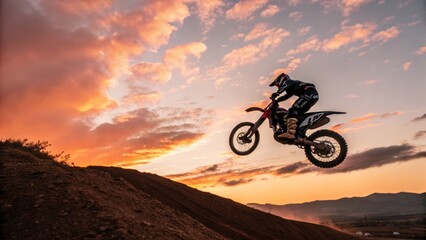 Sunset Motocross Rider Silhouette Dramatic Aerial Shot, Dirt Bike, Action, Landscape, Motocross Photography Motocross, Silhouette