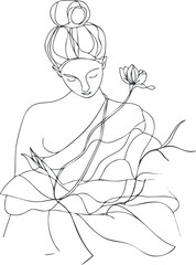 Minimalist line art drawing of a woman holding a flower with flowing leaves in elegant pose