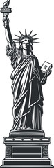 Black and white illustration of the Statue of Liberty holding a torch and tablet representing freedom and democracy.