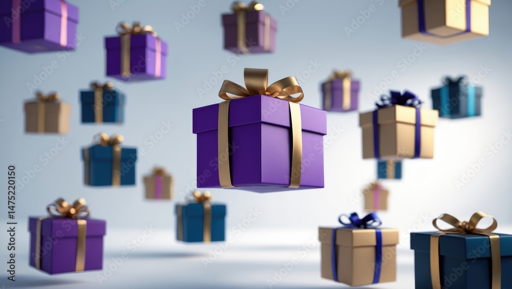 Poster isolated gift boxes with ribbons and bows flying through the air, featuring elegant wrapping and a b