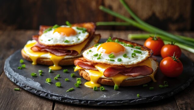 Gourmet breakfast sandwich with cheese, ham, and eggs, presented with fresh chives and cherry tomatoes for a healthy start