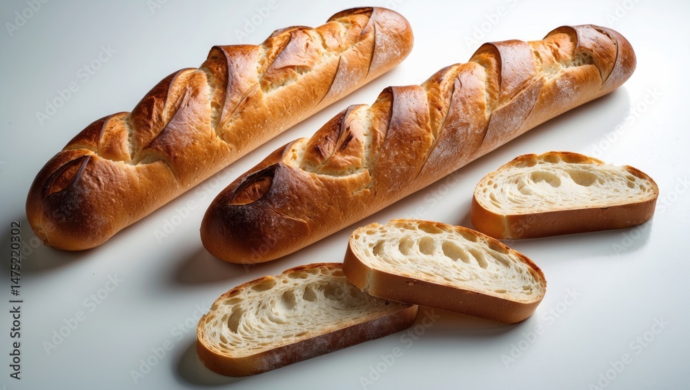 Poster golden baked baguette and its slices displayed on white background
