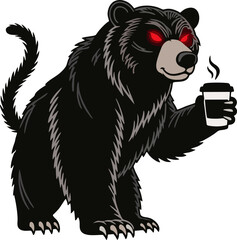Red-Eyed Black Bear Holding Coffee Cup in Bold Cartoon Style