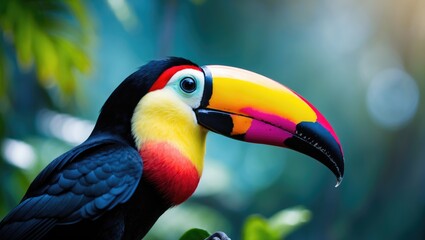 Fototapeta premium Close-up image of a bright toucan with striking beak in a natural wildlife setting