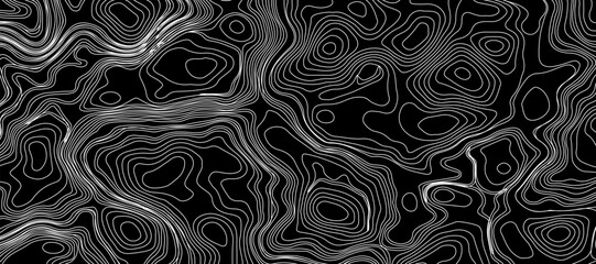 Minimalist topographic map design featuring black contour lines on a matte black background, subtle lighting and shadow effects to highlight elevation changes, abstract and modern aesthetic.