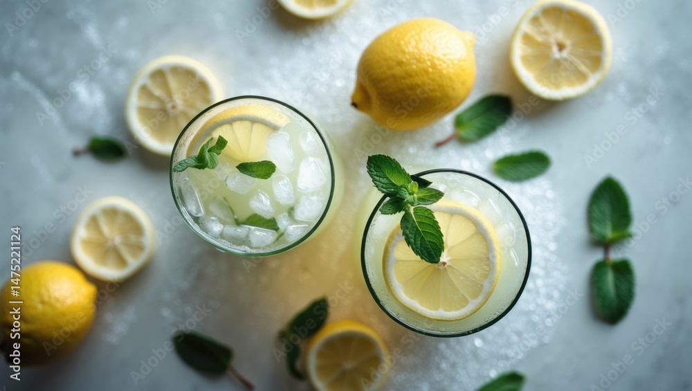 Poster cool lemonade infused with lemon, mint, and ice in the background.