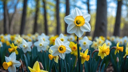 Fototapeta premium White daffodil featuring a yellow heart emerges above a colorful daffodil patch
