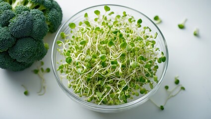 Healthy broccoli sprout close-up on white backdrop