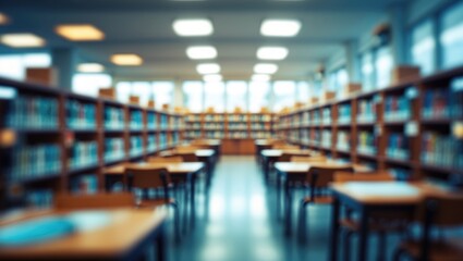 Interior view of a school or university classroom or library with a blurry bookshelf background for students and educators
