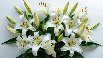 Fototapeta premium Single white lily flowers isolated on a plain backdrop