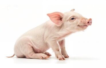 Adorable sitting piglet on white background,