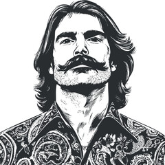 Black and white artistic portrait of a confident man with a large moustache and long hair wearing a vintage patterned shirt