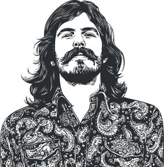 Black and white illustration of a confident man with long hair and mustache wearing a paisley patterned shirt